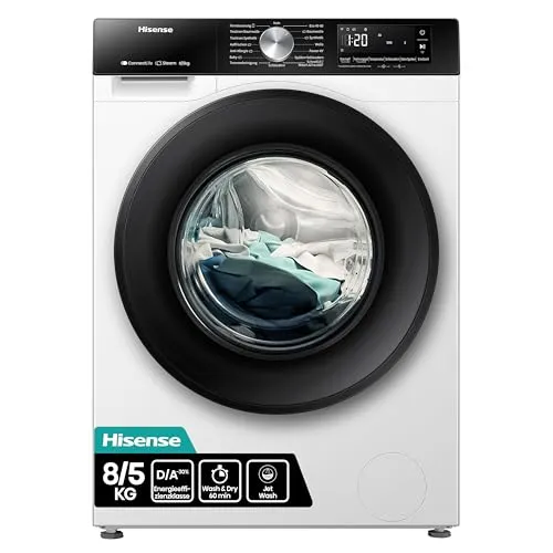 Hisense Waschtrockner WD3S8043BW3 - 8 kg Waschen, 5 kg Trocknen, 1400 U/min - Waschtrockner mit 19 Programmen, inkl. PowerJet Wash und Wifi ConnectLife für smartes Waschen und Trocknen. Ideal für moderne Haushalte.