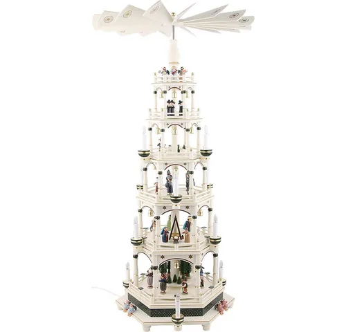 Tischpyramide mit Weihnachtsfiguren & Kurrende grün/weiß - Pyramide aus Holz, handgefertigt in Deutschland, mit festlichen Weihnachtsfiguren und Kurrende - ein bezauberndes Highlight für Ihre Weihnachtsdekoration.