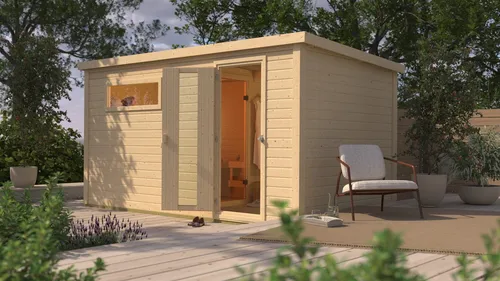 Saunahaus KONIFERA "Trontheim XXL" - Beige, 3,6 kW Saunaofen mit integrierter Steuerung - Saunen für den Außenbereich mit 3 Liegeplätzen und 10 Jahren Herstellergarantie. Genießen Sie entspannende Sauna-Momente im stilvollen Design.