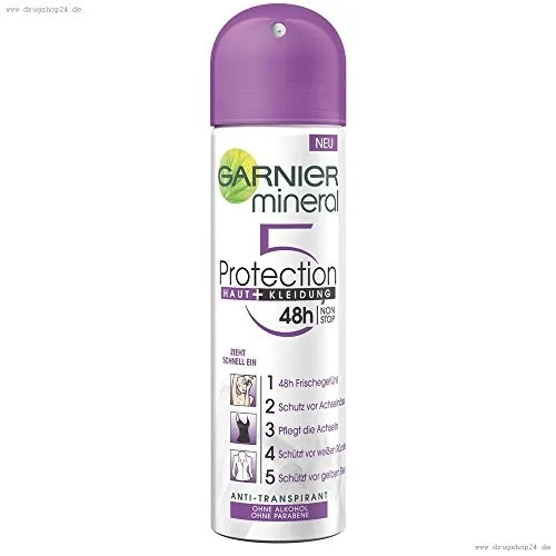 L'Oréal Garnier Mineral Deo-Spray Women Protection 5 - 150ml - Deodorant für Frauen mit 48 Stunden Schutz, dermatologisch getestet und für empfindliche Haut geeignet.