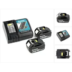 Makita Werkzeugakku Power Source Kit 197490-7, 18V/4,0Ah - Zubehör für Elektrowerkzeug: Enthält 2 leistungsstarke Akkus und ein Schnellladegerät, ideal für alle 18V Makita Geräte mit gelber Kontaktplatte.
