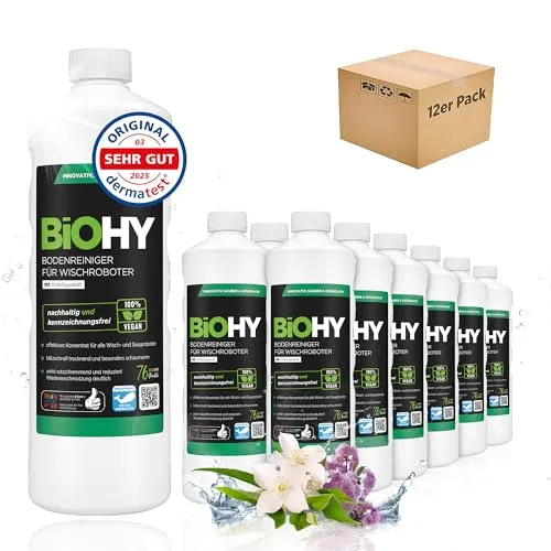 BiOHY Bodenreiniger für alle Wischroboter mit Frühlingsduft (12 x 1 Liter) | Schaumarm & Streifenfrei | Reinigungsmittel Konzentrat für alle Böden