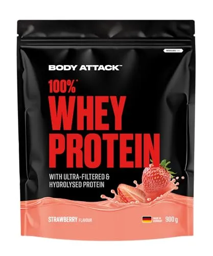 Body Attack 100% Whey Protein - Strawberry, 900 g - Molkenproteine für Muskelaufbau und Regeneration, extra cremig und ohne Aspartam oder Gluten, ideal für Sportler und Athleten.