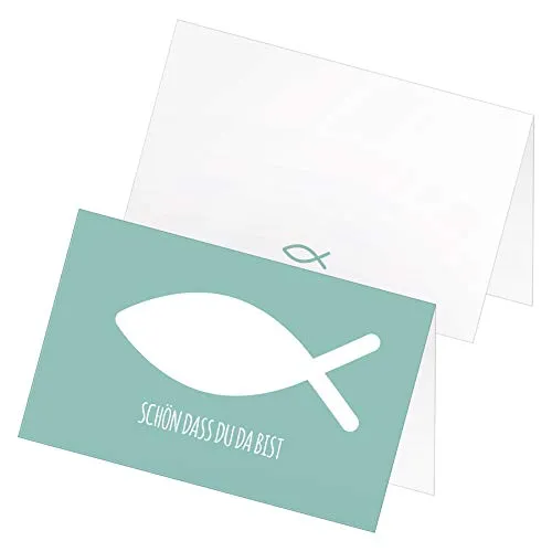 itenga 24 x Tischkarten Platzkarten Namensschild Fisch Kommunion Taufe Konfirmation Jungen Mädchen (türkis)
