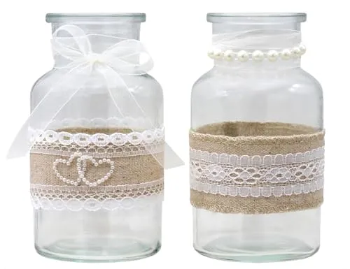 ZauberDeko 2 Vasen Gläser Spitze Creme Hochzeit Vintage Tischdeko Natur Jute Deko