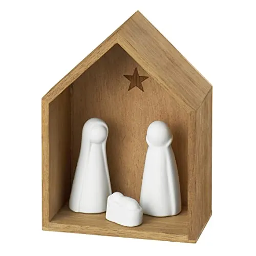 Räder Design Krippe - Minimalistische Weihnachtskrippe mit Porzellanfiguren - Weihnachtskrippen mit 3 beweglichen Porzellanfiguren, aus unbehandeltem Akazienholz, perfekt für eine besinnliche Weihnachtsstimmung.