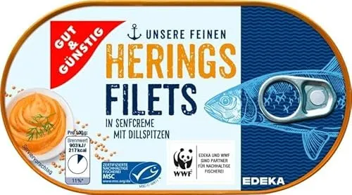 Gut & Günstig Heringsfilets in Senfcreme mit Dillspitzen 200g - Leckere Heringsfilets in cremiger Senfsoße mit feinen Dillspitzen, ideal für einen schnellen Snack oder als Beilage.