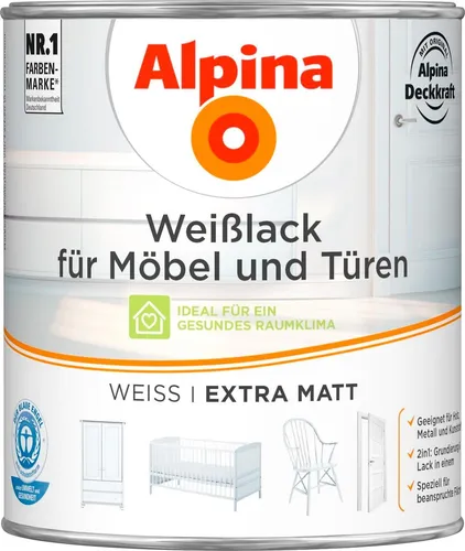Alpina Weißlack für Möbel + Türen extra matt 750ml - Innen- & Außenfarben, extra matte Oberfläche für ein elegantes Finish und hohe Deckkraft auf Möbeln und Türen.