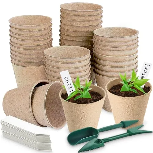 Aileem Set mit 40 runden, biologisch abbaubaren Faser-Pflanztöpfen, mit 50 Plastiketiketten für Pflanzen und Umpflanzwerkzeugen, Pflanzset für Blumensamen für Pflanzen, Garten