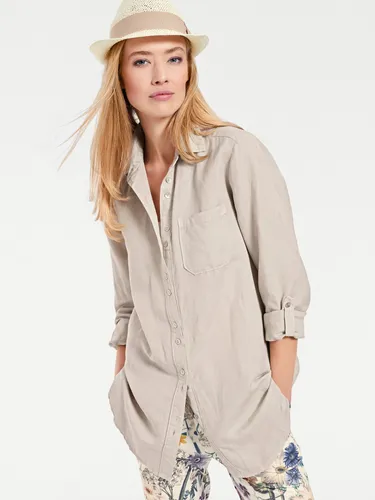 Longbluse HEINE, Damen, Gr. 48, beige (sand), 55% Baumwolle, 45% Leinen, unifarben, Langarm, Blusen, Topseller