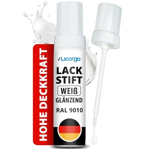 LICARGO Lackstift Weiß Glänzend – Präziser Pinsel für kleine Kratzer & Steinschläge – Hohe Deckkraft, schnelle Trocknung – Weißer Lackstift Auto, Autolack Weiß, Emaille Reparaturset, Made in Germany