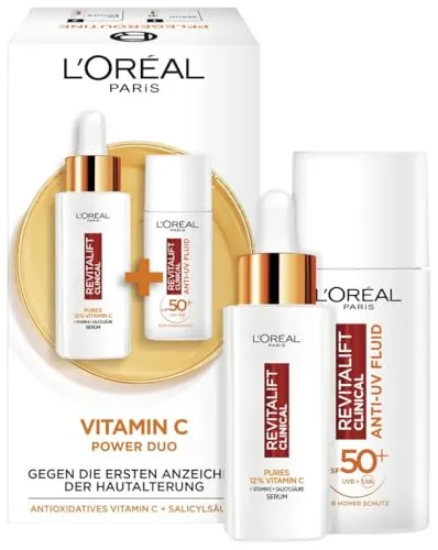 L'Oréal Paris Revitalift Clinical Gesichtspflege-Set - Tagespflege mit 12% purem Vitamin C Serum und Anti-UV-Fluid mit LSF 50+, für einen strahlenden Hautton und verfeinerte Poren, ideal gegen erste Anzeichen der Hautalterung.