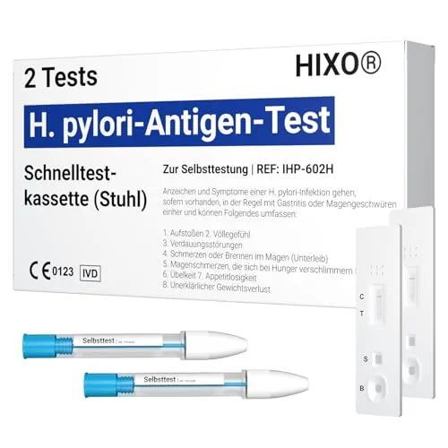 HIXO Helicobacter pylori Selbsttest – 2x Antigen-Schnelltest für Zuhause - Schnelle Ergebnisse in nur 10 Minuten! Der HIXO Selbsttest zur Erkennung von Magenbakterien bietet eine einfache und schmerzfreie Anwendung ohne Arztbesuch – ideal für die Selbstkontrolle.