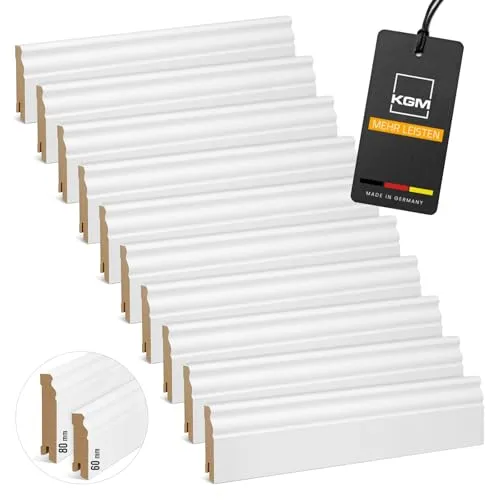 KGM Hamburger Sockelleiste ECO Altberliner Profil – 10 Stück in Weiß foliert - Elegante Hamburger Fußbodenleiste für PVC, Laminat und Parkett. Einfache Montage mit Clip-System. Aus kontrollierter Waldbewirtschaftung mit PEFC-Zertifikat. Maße: 2200 x 19 x 60 mm.