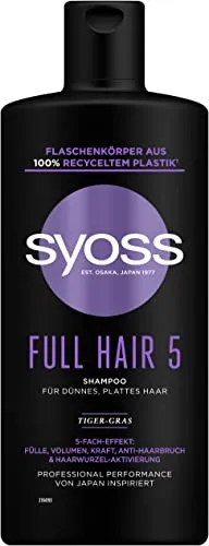 Syoss Shampoo Full Hair 5 (440 ml), Volumen Shampoo für dünnes und plattes Haar, Haarshampoo mit 5-fach-Effekt für volleres Haar, vegane Formel mit Amino-Komplex