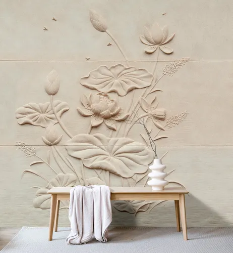 Vliestapete LIVING WALLS "Relief-Tapete mit Lotusblüten Creme Beige 3D" - Hochwertige Vliestapete in Beige mit 3D-Optik. Ideal für eine schnelle und einfache Wandgestaltung, rückstandslos abziehbar und dimensionsstabil. Perfekt für jeden Raum!