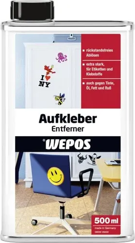 Wepos Aufkleberentferner 500 ml - Effektiver Reiniger - Reinigungskonzentrate, entfernt mühelos Aufkleberreste und Kleberückstände, ideal für saubere Oberflächen ohne Rückstände.