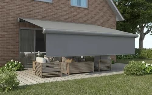 Primaster Kassetten-Markise 4 x 3 m elektrisch mit Volant grau - Außenanbau: Hochwertige, elektrisch betriebene Markise mit elegantem Volant für optimalen Sonnenschutz und stilvolle Gestaltung Ihrer Terrasse.
