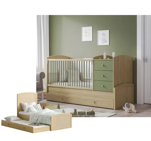 Möbel-Zeit Babybett mitwachsend, 80x130-180 cm grün - Flexibles Babybett in Holzoptik, das mit Ihrem Kind mitwächst. Ideal für eine lange Nutzung und stilvoll in jedem Kinderzimmer.