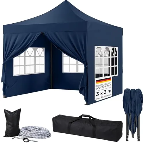 STEELSØN Pavillon Rynara - Faltpavillon 3x3 m, wind- und wetterfest, blau - Der STEELSØN Rynara Pavillon bietet mit 9 m² Schattenfläche perfekten Schutz für Gartenpartys und Events. Mit seinem stabilen Stahlgestell und dem schnellen Faltmechanismus ist er ideal für den flexiblen Einsatz im Freien.