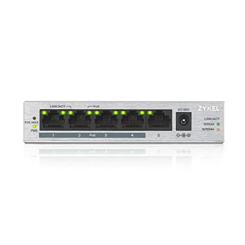 Zyxel Gigabit PoE+ Switch GS1005HP - 5-Port Switch mit 4 PoE+ Anschlüssen, 60 Watt Power-Budget und energiesparend für geräuschlose Netzwerkintegration
