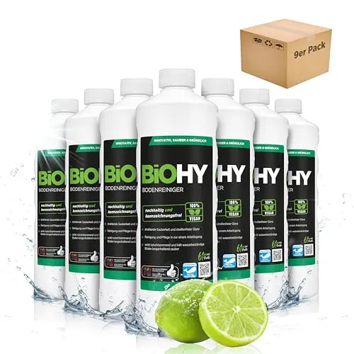 BiOHY Bodenreiniger (9 x 1 Liter) | Bio Konzentrat für streifenfreie Reinigung - Bio Bodenreiniger für alle Hartböden, schnelltrocknend und schaumarm. Ideal für Laminat, PVC & Stein, reduziert Wiederverschmutzung und sorgt für eine nachhaltige Reinigung.