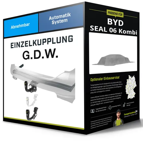 Abnehmbare Anhängerkupplung für BYD SEAL 06 Kombi 07.2025-jetzt von G.D.W. - Praktische abnehmbare Anhängerkupplung für den BYD SEAL, ermöglicht eine Anhängelast von 750 kg ohne Eintragung in die Fahrzeugpapiere. Ideal für flexibles Transportieren!
