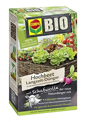 Compo Bio Hochbeet Langzeitdünger mit Schafwolle, 750g - Organischer Spezialdünger für Gemüse und Kräuter im Hochbeet. Langzeitwirkung bis 150 Tage, einfache Anwendung durch praktische Pelletform.