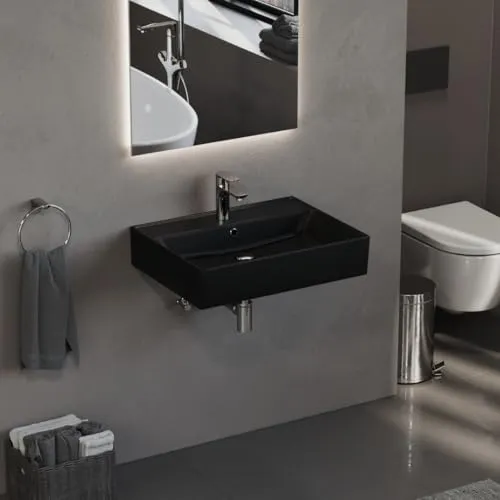 Aqua Bagno Aufsatzwaschbecken schwarz matt 60cm - Waschbecken aus Keramik, modern und eckig, ideal für Wandmontage mit praktischer Ablagefläche neben der Armatur.