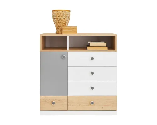 Deine Möbel 24 Kommode POKO 09 85/90/40 cm – Biskuiteiche/Weiß Lux/Grau - Moderne Kommode der POKO Kollektion, ideal für Jugendzimmer. Hohe Funktionalität und stilvolles Design in harmonischen Farben. Mit verstärkten Kanten und ergonomischen Griffen für optimale Nutzung.