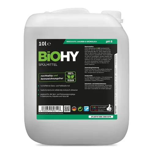 BiOHY Spülmittel 011-010, 100% vegan, Zitrone, 10L Kanister - Haushaltsreiniger & Staubsauger - Kraftvolle Fettlöseformel, 100% vegan und biologisch abbaubar. Ideal für Gastronomie und Haushalt, sparsam im Verbrauch!