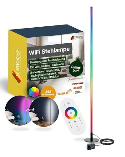 SCHWAIGER STL358 RGB LED Stehleuchte - Standleuchte mit 358 RGB-Farben, dimmbar und per Fernbedienung steuerbar – ideal für stimmungsvolle Ambientebeleuchtung im Wohnzimmer oder bei Feiern.