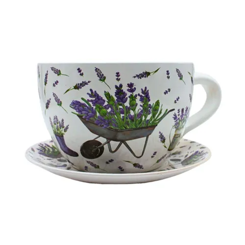 Dekohelden24 Pflanzkübel mit Lavendelmuster, 25cm - Garten-Zubehör: Stilvoller Keramikübertopf mit glänzender Oberfläche und charmantem Lavendelmotiv, ideal für kreative Pflanzideen.