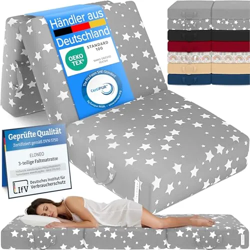 Klappmatratze 3-teilig, Gästematratze mit extra dicken Schaumstoff, ELONEO, 15 cm hoch, waschbarer Bezug, geeignet für Hausstauballergiker, schadstoffgeprüft