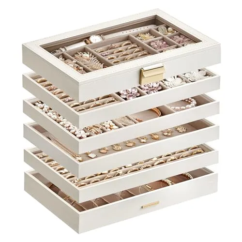 SONGMICS GISELLA Kollektion - Schmuckkästchen 6 Ebenen, Schmucktablett stapelbar, Schmuckkasten, Schmuckbox Glasdeckel, 17 x 28 x 25,3 cm, Schmuckeinsatz Schubladen, Geschenkidee, weiß JBC195W01