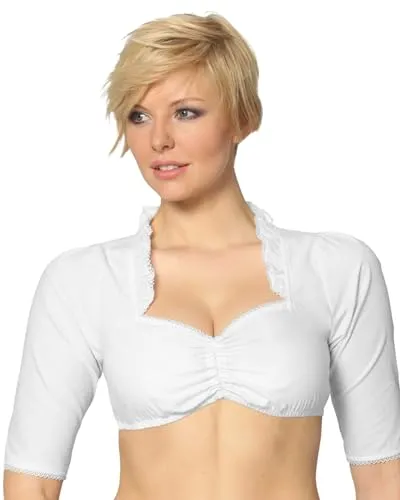 Stockerpoint Dirndlbluse Weiß, Größe 34 für Damen - Elegante Damen Dirndlbluse in Weiß mit herzförmigem Ausschnitt und verspielten Volants – perfekt für traditionelle Anlässe und festliche Veranstaltungen.