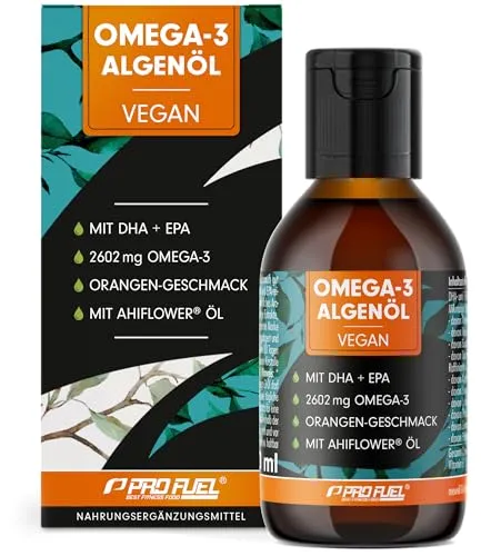 ProFuel Omega-3 Algenöl 100 ml - Vegan mit hohem DHA & EPA Gehalt - Nahrungsergänzungsmittel: Hochdosiertes, veganes Omega-3 Algenöl mit 1270 mg Omega-3 pro Tagesportion, unterstützt Gehirn, Herz und Augen.