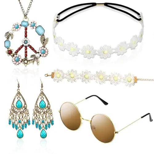 Alintor Hippie Accessoires für Schlagermove Outfit Damen, Flower Power Zubehör für Hippie Kostüm, 60er 70er Jahre Bekleidung, Peace Kette, Brille