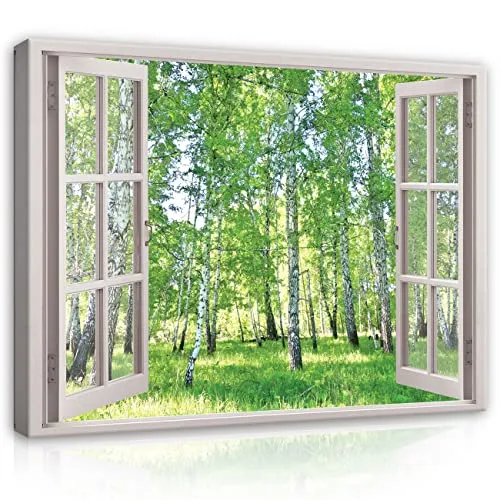 WallArena Leinwandbild Fensterblick Wald Grün - 120x80 cm - Poster & Kunstdrucke - beeindruckende Farbtiefe und detailgenauem Druck, sofort aufhängfertig auf stabilem Holzrahmen, ideal für stilvolle Akzente in jedem Raum.