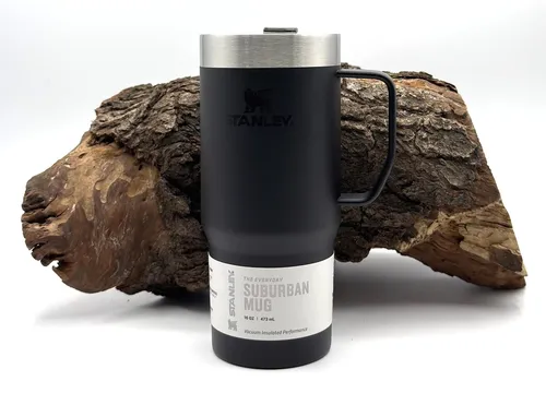Stanley Everyday Suburban Mug 0.47L Schwarz Edelstahl - Robuster 0,47L Kaffeebecher aus Edelstahl, doppelwandig und isoliert. Ideal für unterwegs, auslaufsicher und spülmaschinenfest für einfache Reinigung.