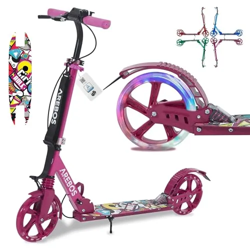 Arebos Tretroller Cityroller mit LED Reifen - Roller / Kickboards, höhenverstellbar und klappbar für einfachen Transport, inklusive Klingel und Trittbremse für mehr Sicherheit.