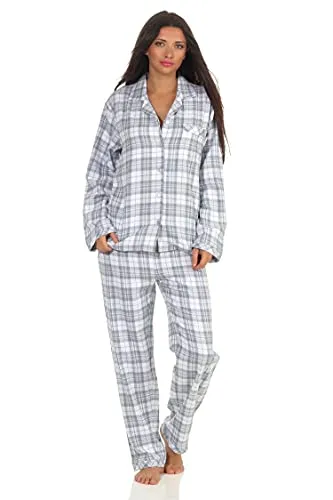 Damen Langarm Flanell Pyjama Schlafanzug kariert - Karo Blau, Größe 36/38 - Kuscheliger Flanell-Pyjama für kalte Nächte. Ideal als Homewear mit klassischem Hemdkragen und durchgehender Knopfleiste. Hergestellt aus 100 % Baumwolle für hohen Tragekomfort. Waschbar bei 40 Grad.