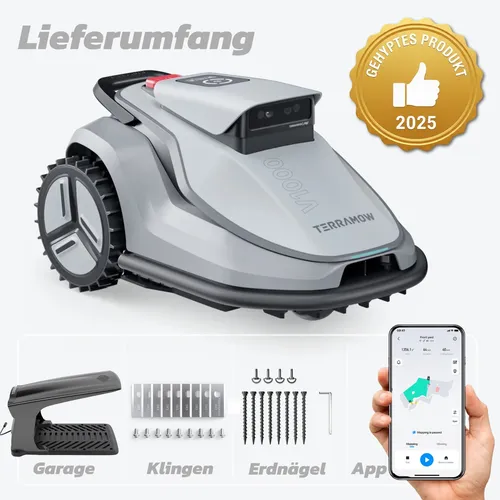 interpick Rasenmähroboter Terramow V1000 - Mähroboter ohne Begrenzungskabel für bis zu 1200 m², mit KI-Technologie für intelligente Rasenpflege und App-Steuerung für maximale Kontrolle.