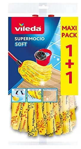 Vileda 11099 SuperMocio Soft Wischmop Ersatz 2er Pack - Nass- & Trockenmopps für den Haushalt, mit hoher Saugkraft und Easy Click System für mühelosen Austausch des Mopkopfes.