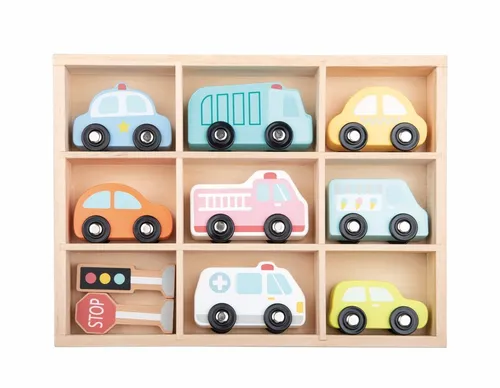 Lelin Lernspielzeug 10328 Holzfahrzeuge - Lernspielzeug aus Holz für Kinder ab 18 Monaten, inklusive 8 Fahrzeugen und 2 Verkehrszeichen für kreatives Spielen und Lernen.