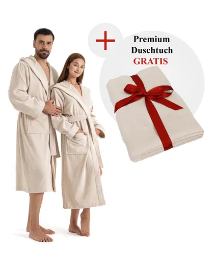 OTTO home Unisex-Bademantel Fenya - Bademantel in Langform aus 330 g/m2 Veloursfrottier, ideal für Sauna & Spa, mit Kapuze, Gürtel und Reißverschlusstaschen. Inklusive GRATIS Duschtuch 70x140 cm beige.