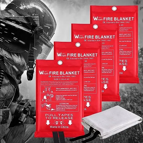 wucgea Löschdecke für küche - 4 Packung Feuerlöschdecke DIN EN 1869:2019 Sicherheit Glasfaser Brandschutzdecke für Fettbrände Auto Schule Kamin Grill Büro Garage Schweißen Lager 1,0m x 1,0m