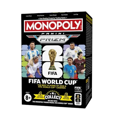 Monopoly Panini Prizm: FIFA World Cup Trading Cards Booster Box | aktuelle Stars und FIFA World Cup Legends | Geschenke für Fußballfans