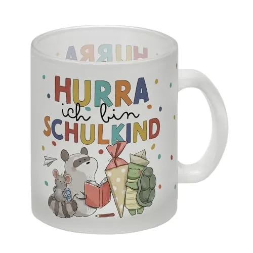 Tiere zur Einschulung Glas Tasse mit Spruch Hurra ich bin Schulkind Hurra Schulanfang Kawaii Waschbär Motiv fröhliche Erste Klasse Schule Tasse