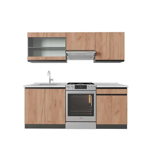 Vicco Küchenzeile R-Line, Goldkraft Eiche/Anthrazit, 200 cm - Küchenzeile mit eleganter Marmor-Arbeitsplatte, höhenverstellbaren Füßen und flexibler Konfiguration für optimale Raumausnutzung.